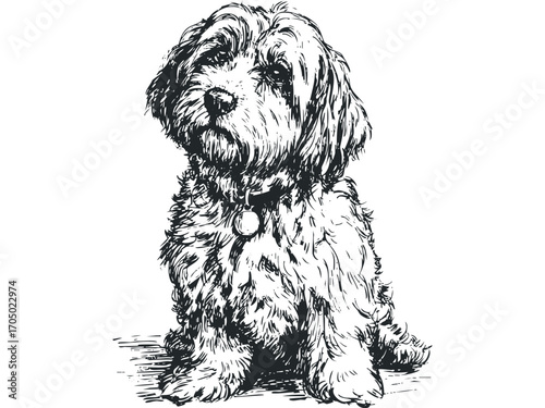 Sketch of a fluffy dog with collar on transparent background. Vector hand drawn illustration