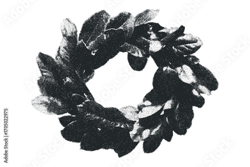 Wreath of leaves rendered with stippled texture on transparent background. Vector hand drawn illustration