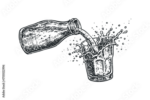 Pouring liquid from a bottle into a glass with splash. Vector hand drawn illustration