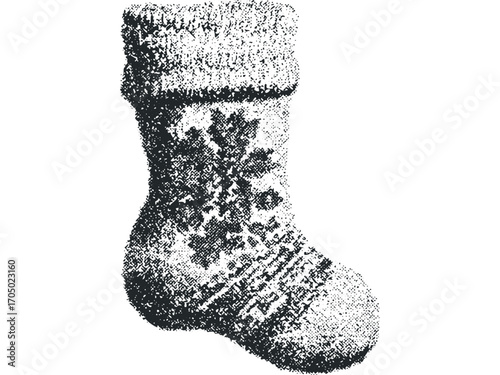 Christmas stocking with snowflake motif, black ink dot drawing, transparent. Vector hand drawn illustration