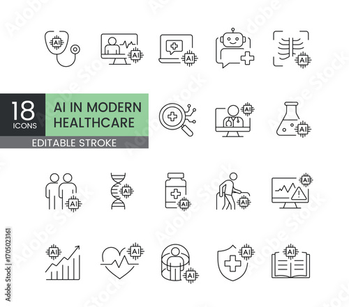 A set of vector icons representing artificial intelligence applications in modern healthcare and medical technology, created in line style with editable stroke