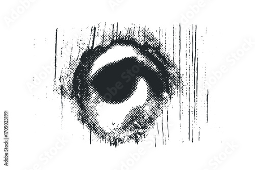 Grungy hole in textured wood surface with distressed effect and halftone dots. Vector hand drawn illustration