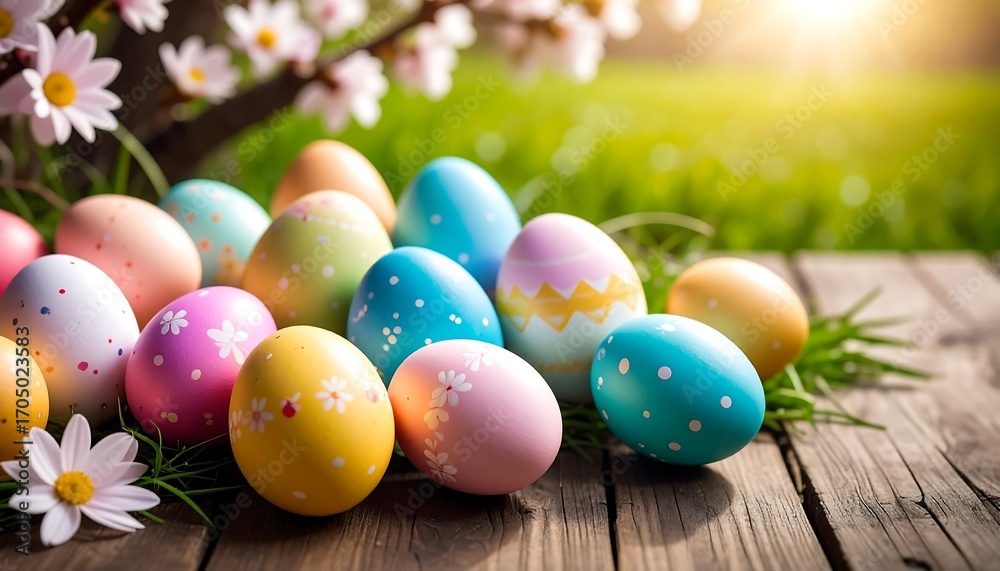 Fototapeta premium Colorful Easter eggs on a wooden surface with spring blossoms
