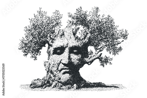 Foliage crowned face formed from rough textured tree bark and foliage. Vector hand drawn illustration