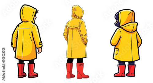 Set of children in yellow raincoats and red rain boots from a back view