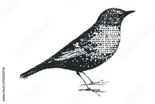 Bird silhouette composed of text fragments on transparent background. Vector hand drawn illustration