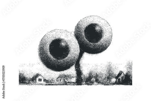 Surreal oversized eyes on a stem overlooking a village landscape. Vector hand drawn illustration