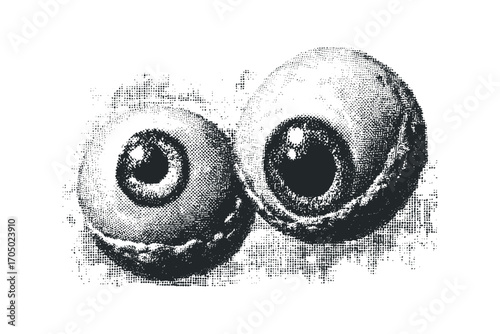 Close up of two eyeballs rendered with halftone dot texture on transparent background. Vector hand drawn illustration