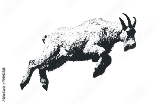 Wild goat leaping with textured fur on transparent background. Vector hand drawn illustration