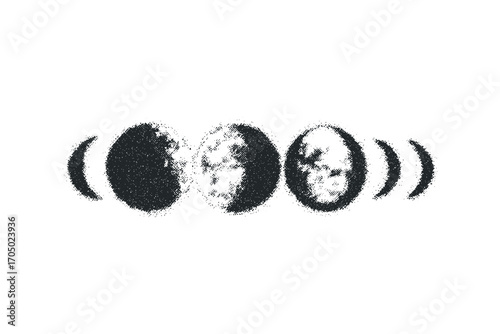 Phases of the Moon with Stippled Texture. Vector hand drawn illustration