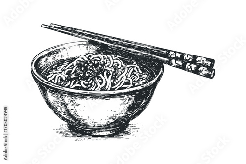 Noodle Bowl with Chopsticks Sketch. Vector hand drawn illustration