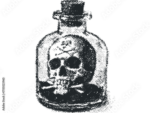 Skull and crossbones in glass bottle, grunge halftone effect. Vector hand drawn illustration