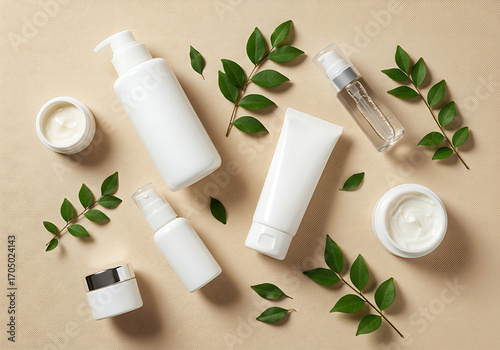 Spa Skincare Arrangement: An elegant arrangement of skincare products, gracefully complemented by verdant green leaves, exudes the essence of natural beauty.