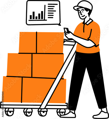 Worker driving forklift and delivery man carrying parcel illustration