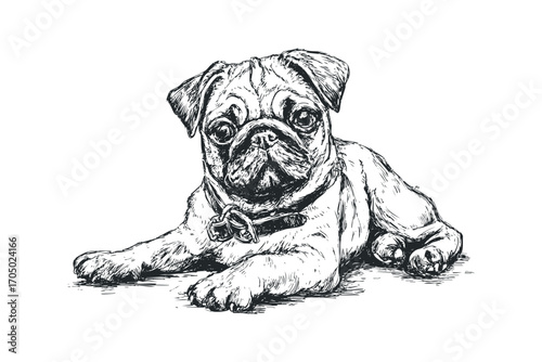 Pug puppy sketch on transparent background. Vector hand drawn illustration