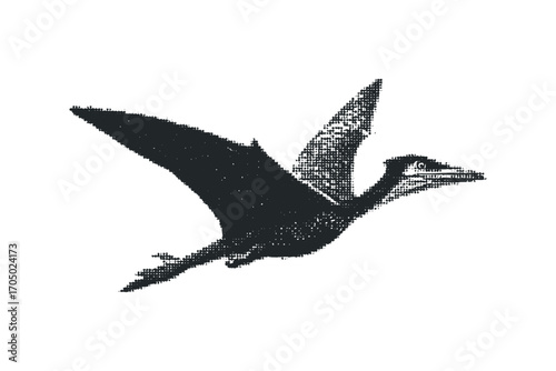 Pterodactyl flying transparent with halftone effect. Vector hand drawn illustration