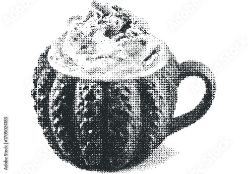 Halftone Coffee Cup with Whipped Cream. Vector hand drawn illustration