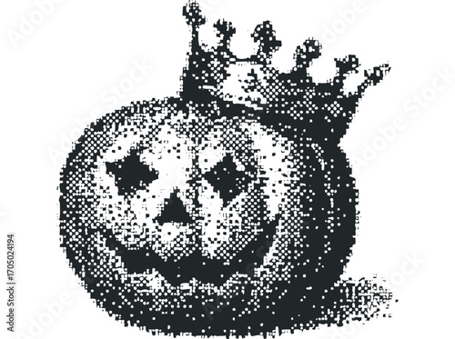 Grayscale halftone king pumpkin wearing crown isolated. Vector hand drawn illustration