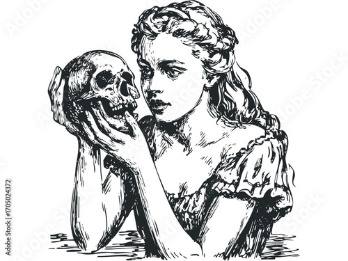 Young person holding human skull, illustrative sketch on transparent background. Vector hand drawn illustration
