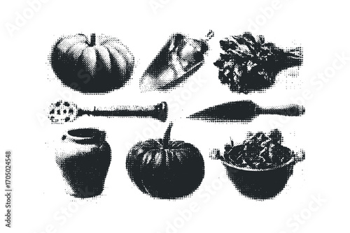 Collection of harvest produce and kitchen tools on white. Vector hand drawn illustration