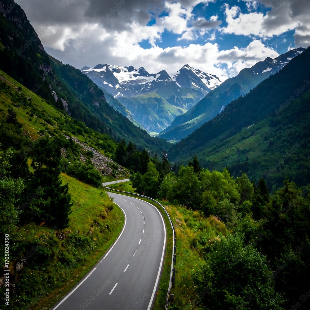 Obraz premium Mountain road winding through lush valley