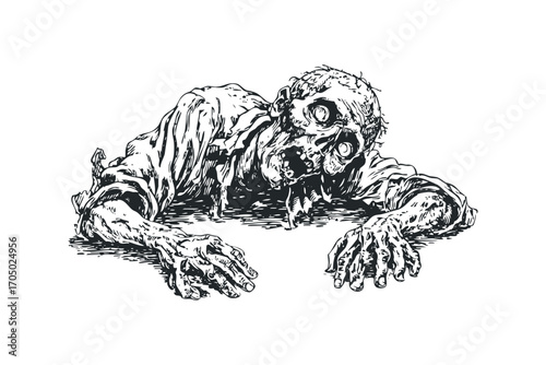 Monstrous zombie crawling towards viewer on transparent background. Vector hand drawn illustration