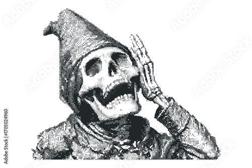 Skeleton figure with hat holding hand to ear, halftone dot graphic. Vector hand drawn illustration