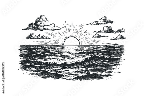 Sketch of the sun rising over a wavy ocean with clouds. Vector hand drawn illustration
