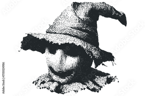 Scarecrow head with burlap texture and hat. Vector hand drawn illustration