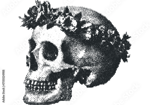 Stippled Skull with Laurel Wreath. Vector hand drawn illustration