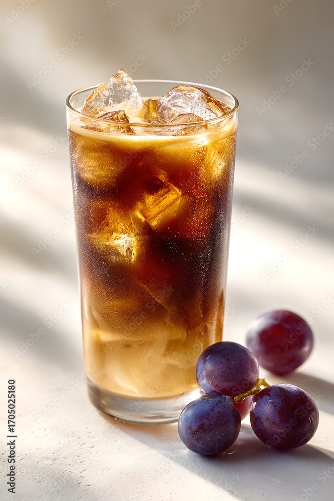 custom made wallpaper toronto digitalA high-resolution product photograph of an iced dark coffee served in a clear highball glass. The drink is set against a clean white background, with three
