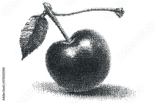 Single dark cherry with leaf and stem isolated on transparent. Vector hand drawn illustration