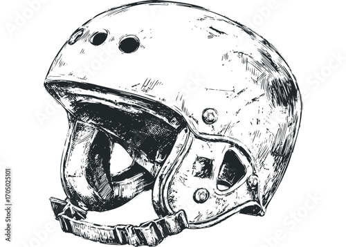 Sketch of a football helmet with straps on a transparent background. Vector hand drawn illustration