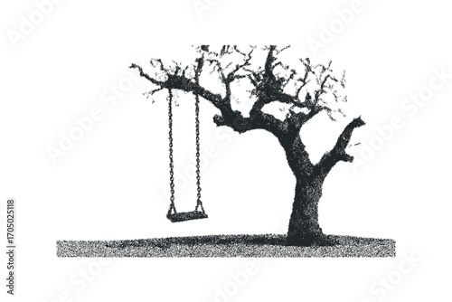 Lonely tree with a swing on a transparent background. Vector hand drawn illustration