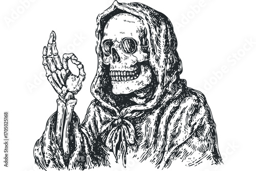Grim reaper skeleton with round glasses making ok hand gesture transparent. Vector hand drawn illustration