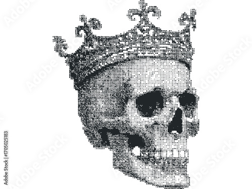 Skull with Royal Crown Composed of Pixelated Shapes. Vector hand drawn illustration