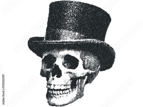 Skull wearing top hat on transparent background image. Vector hand drawn illustration