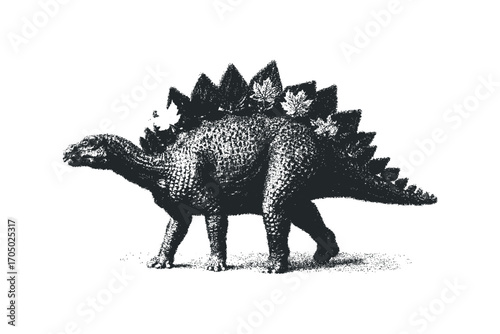 Stegosaurus Dinosaur with Maple Leaves Image. Vector hand drawn illustration