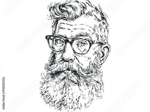 Sketch portrait of a bearded man with eyeglasses on transparent. Vector hand drawn illustration