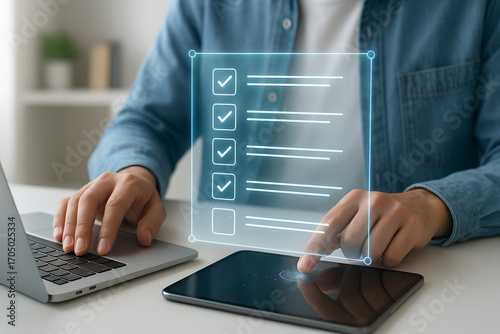 Businessman Using a Touchscreen for Task Planning and Goal Management Digital Checklist Interface Optimized for High Efficiency Workflows, Business Strategy, and Online Communication.