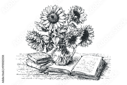 Line drawing still life of sunflowers in a pitcher with open books. Vector hand drawn illustration