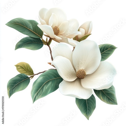 Elegant magnolia flowers with glossy green leaves, isolate on white background.