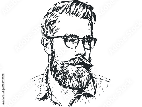 Sketch of man wearing glasses with beard on transparent background. Vector hand drawn illustration