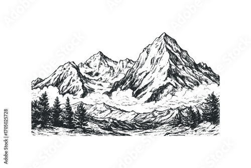 Sketch of rugged mountain peaks with pine trees and clouds on transparent background. Vector hand drawn illustration