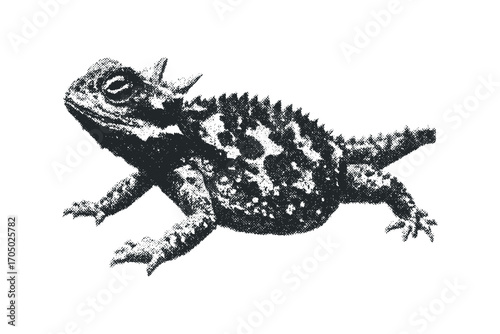 Textured horned lizard reptile with spiny protrusions. Vector hand drawn illustration