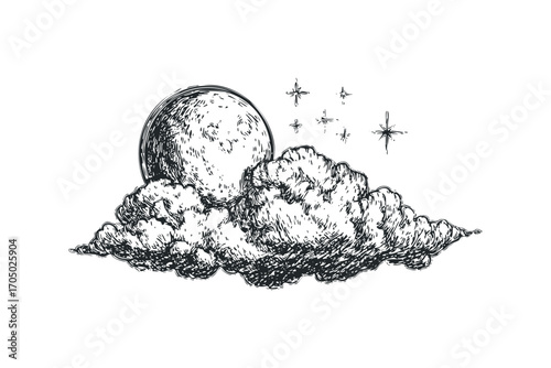 Hand Drawn Full Moon and Stars Emerging From Clouds. Vector hand drawn illustration