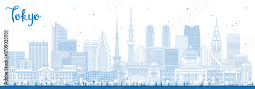 Outline Tokyo Japan city skyline with blue buildings. Tokyo cityscape with landmarks. Business travel and tourism concept with modern and historic architecture.