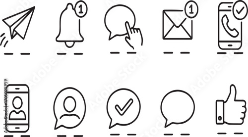 Communication, Notification, and Social Media Line Icon Set: Message, Alert, and Digital Interaction Vector