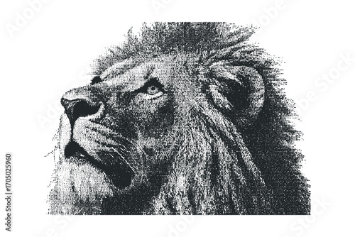 Lion head profile with halftone texture on transparent background. Vector hand drawn illustration