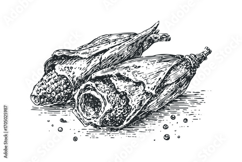 Corncob sketch with kernels and husks, isolated. Vector hand drawn illustration